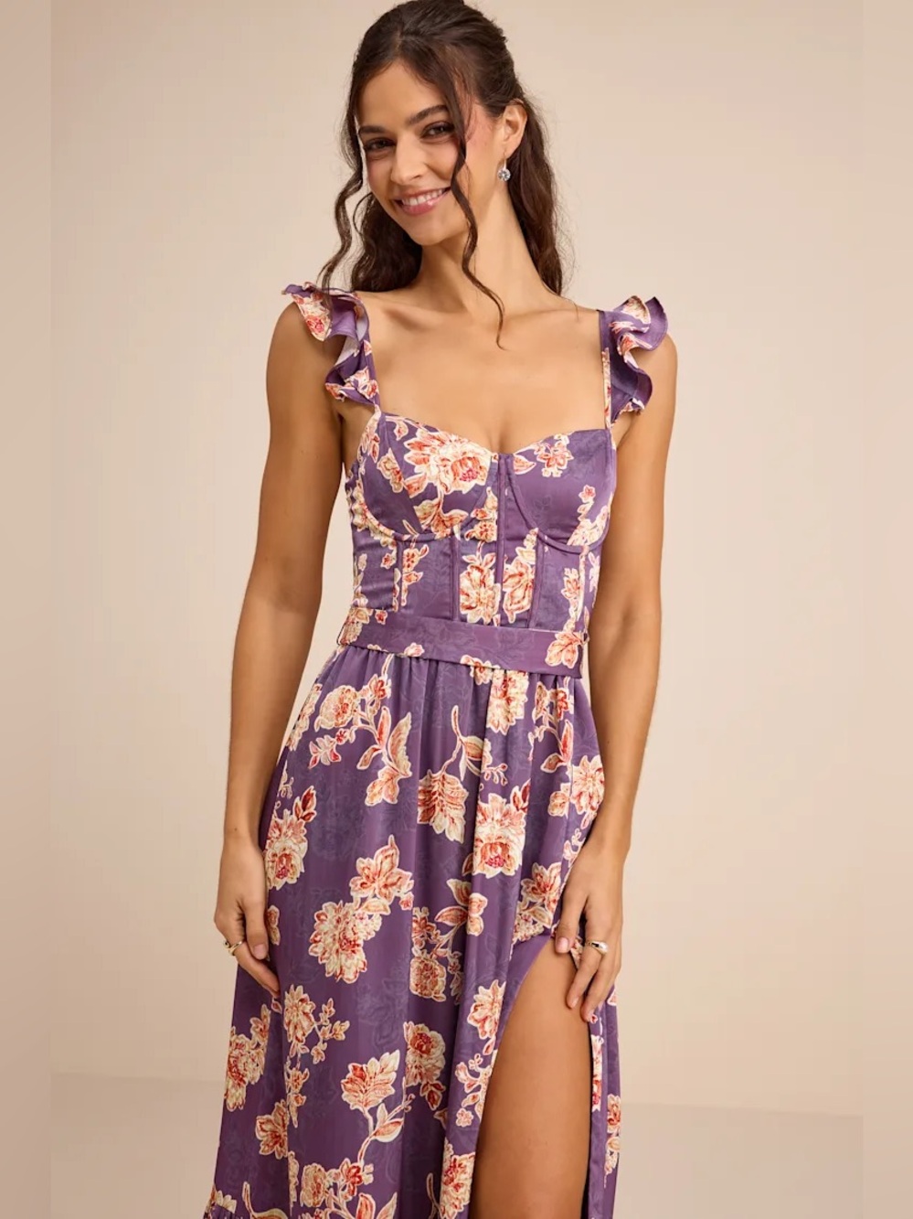 Lulus Sweet Like Sangria Purple Floral Ruffled Bustier Midi Dress